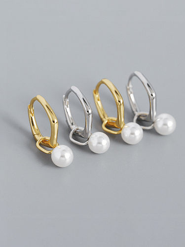 925 Sterling Silver Imitation Pearl Geometric Vintage Huggie Earring