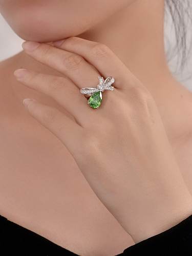 Anillo de banda delicada de plata de ley 925 con alto contenido de carbono, diamante, flor verde