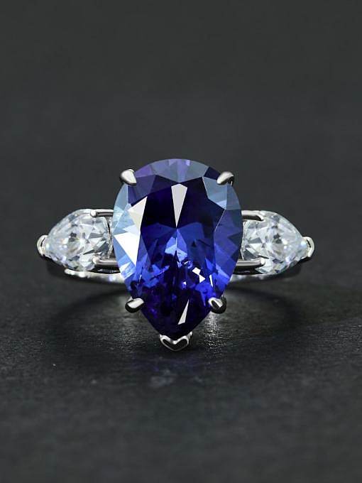 Anillo de banda de lujo con gota de agua azul de diamante de alto carbono de plata de ley 925