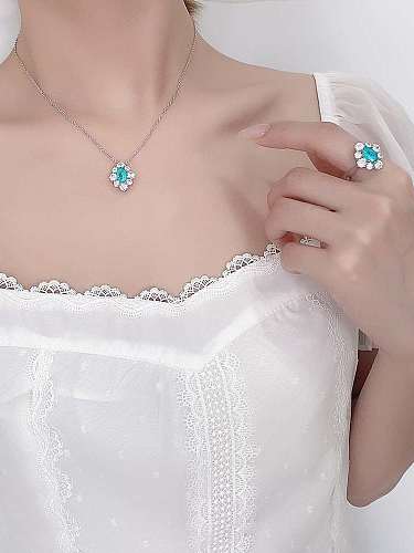 Colar Luxo Flor de Prata Esterlina 925 Alto Carbono Diamante Azul