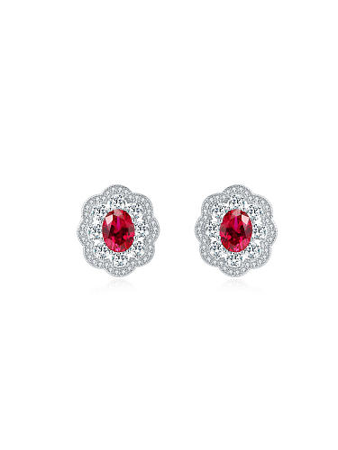 925 Sterling Silver High Carbon Diamond Red Flower Luxury Stud Earring