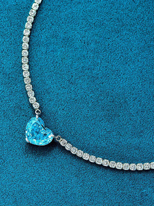 Luxus-Halskette aus 925er Sterlingsilber mit hohem Kohlenstoff-Diamant und blauem Herz