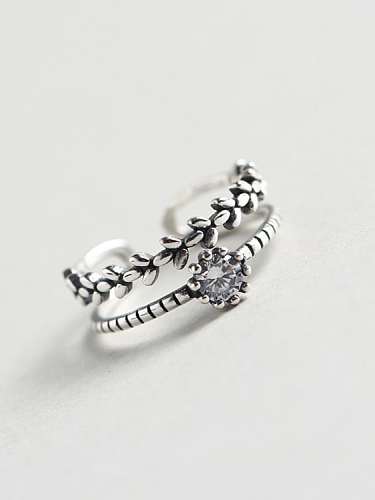 925 Sterling Silver Cubic Zirconia White Leaf Vintage Stackable Ring