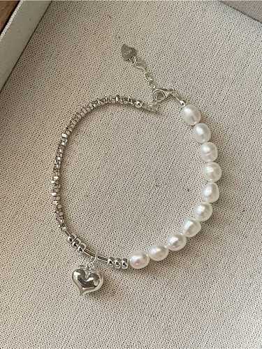 Conjunto de pulseira e colar delicado coração 925 prata esterlina pérola de água doce