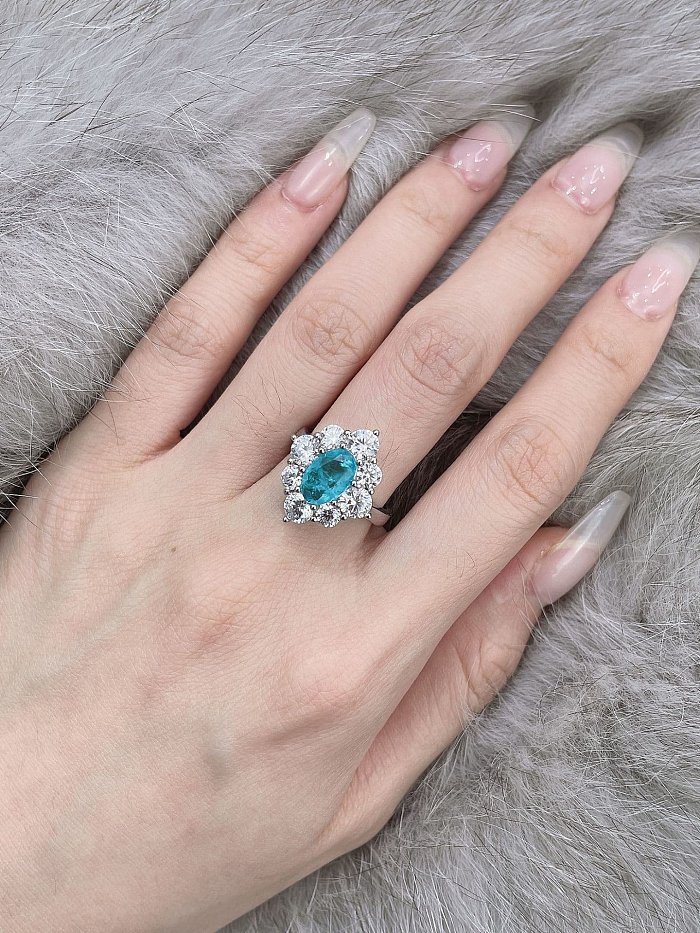 925 Sterling Silver High Carbon Diamond Blue Flower Dainty Band Ring