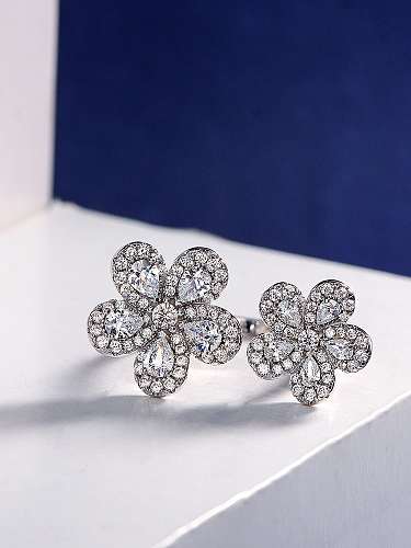 Anel delicado flor de diamante de prata esterlina de alto carbono 925