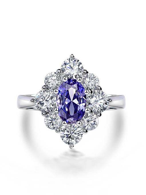 Bague fleur bleue diamant à haute teneur en carbone en argent sterling 925