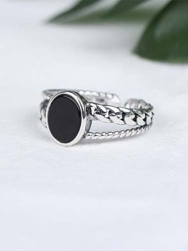 925 Sterling Silver Agate Black Geometric Vintage Band Ring