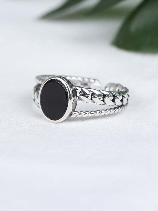 925 Sterling Silver Agate Black Geometric Vintage Band Ring
