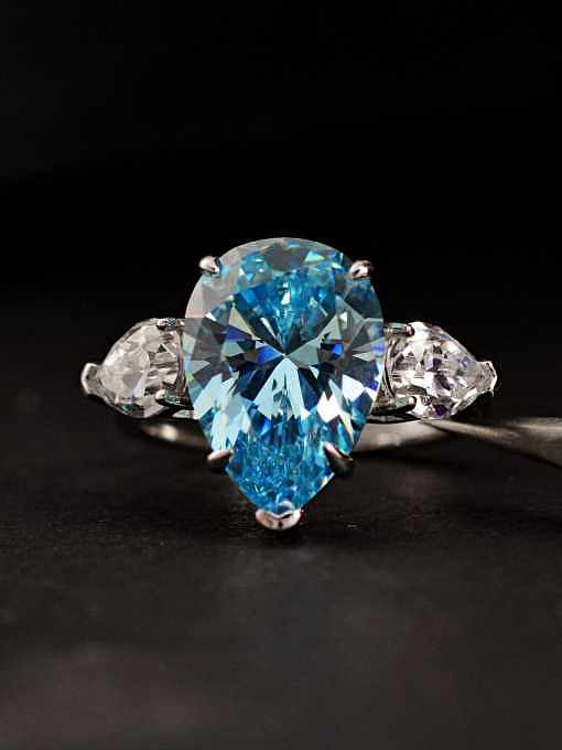Anillo de banda de lujo con gota de agua azul de diamante de alto carbono de plata de ley 925