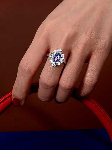 Anel de flor azul diamante prata esterlina 925 alto carbono