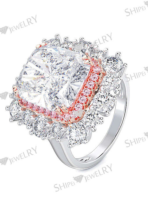 Anel de luxo geométrico de diamante rosa de prata esterlina 925 alto carbono