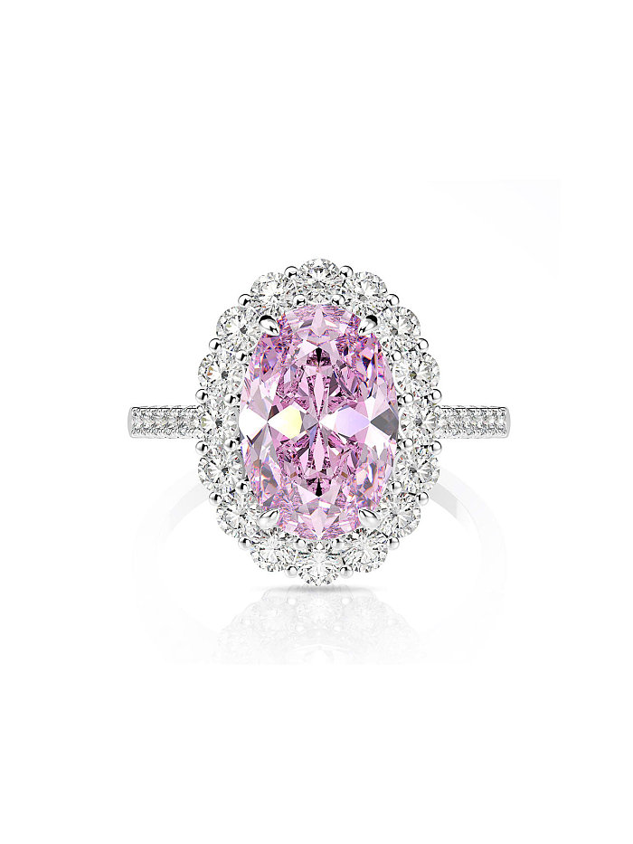 Anillo de banda de lujo ovalado rosa con diamante de alto contenido de carbono de plata de ley 925
