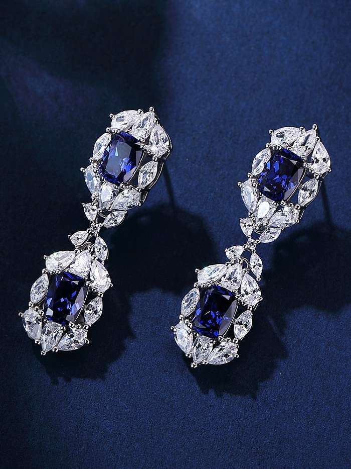 925 الفضة الاسترليني عالية الكربون الماس الأزرق حلق فاخر هندسي