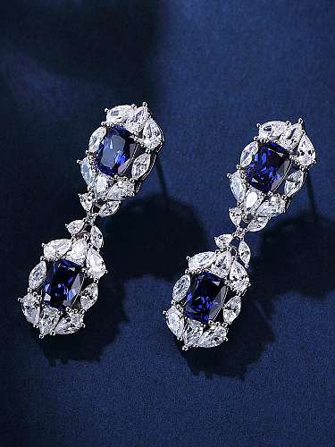 Boucles d'oreilles goutte de luxe géométrique bleu diamant à haute teneur en carbone en argent sterling 925