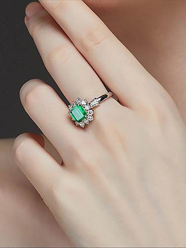 Anel vintage flor de prata esterlina alto carbono diamante verde 925