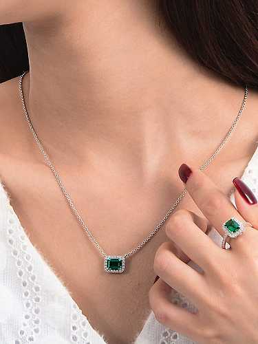 925 Sterling Silver High Carbon Diamond Green Geometric Dainty Necklace