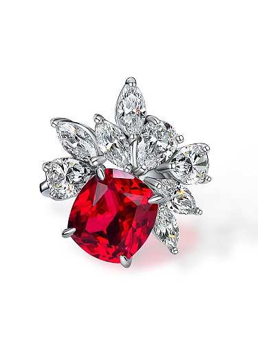 Anillo vintage de plata de ley 925 con diamante de alto carbono y flor roja