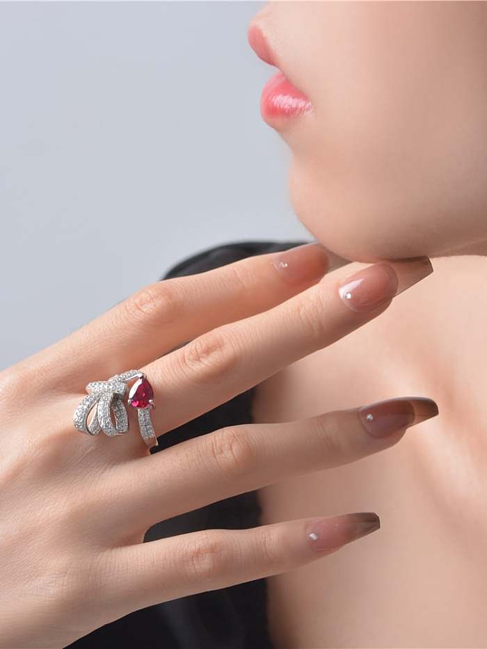 Anel de luxo geométrico prata 925 alto carbono diamante vermelho diamante