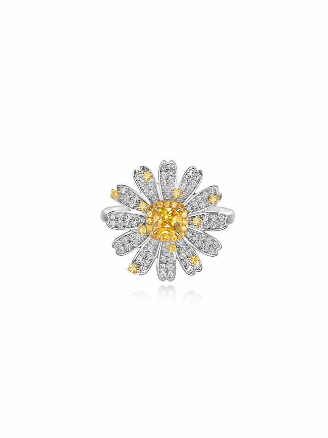 Bague délicate fleur jaune diamant à haute teneur en carbone en argent sterling 925