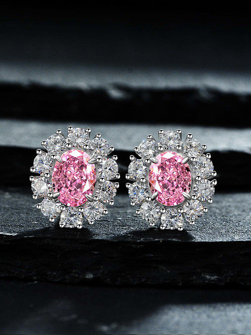 925 Sterling Silver High Carbon Diamond Pink Flower Dainty Stud Earring