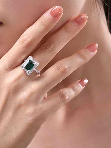 Anel geométrico de prata esterlina alto carbono diamante verde 925 com banda delicada