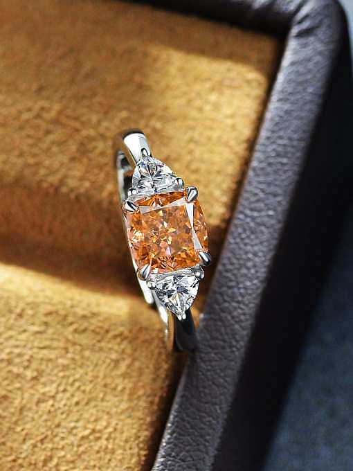 Anel solitário geométrico de prata esterlina alto carbono diamante laranja 925 delicado
