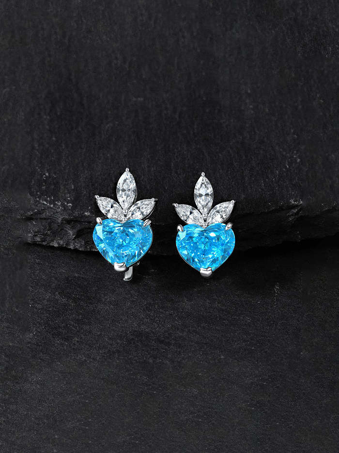 925 الفضة الاسترليني الماس عالية الكربون الأزرق القلب لذيذ قرط الاذن المرصع