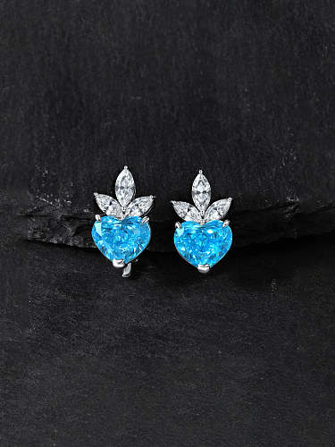 Brinco delicado de prata esterlina 925 alto carbono diamante diamante azul coração