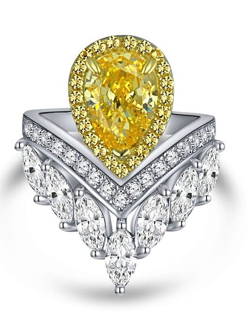 Anel Luxo Coroa de Prata Esterlina 925 Alto Carbono Diamante Amarelo
