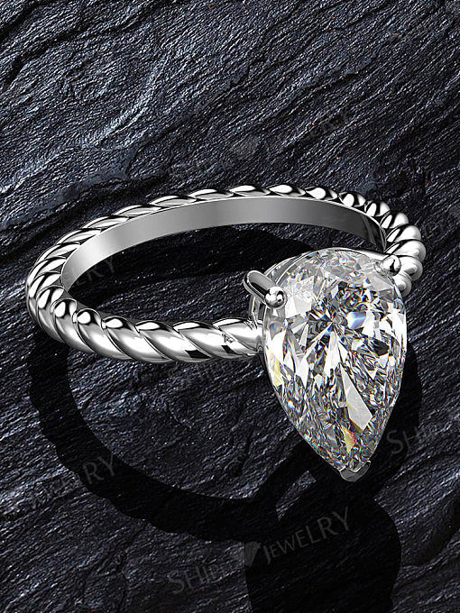 Anel delicado de prata esterlina 925 alto carbono diamante gota de água