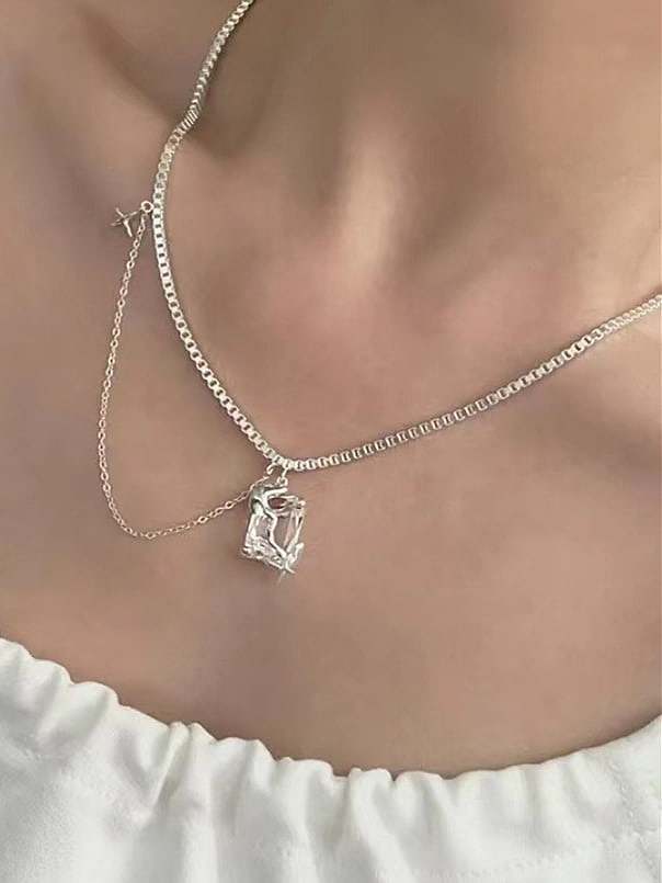 925 Sterling Silver Cubic Zirconia Geometric Trend Multi Strand Necklace