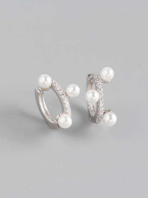 925 Sterling Silver Imitation Pearl White Geometric Minimalist Huggie Earring