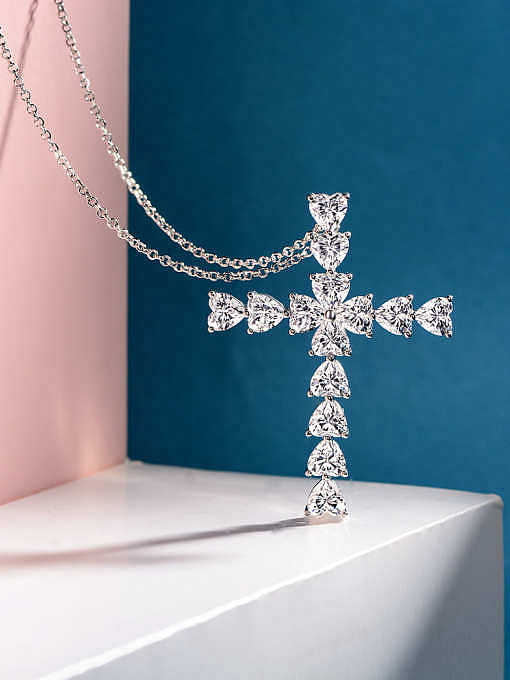 Luxus-Halskette aus 925er Sterlingsilber mit Diamantkreuz und hohem Kohlenstoffgehalt