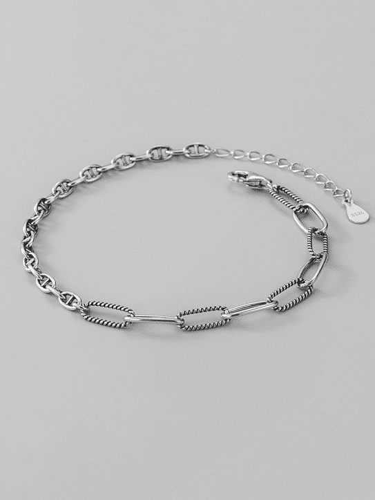 925 Sterling Silber geometrisches asymmetrisches Kettenglied-Armband im Vintage-Stil