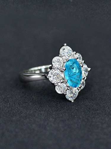 925 Sterling Silver High Carbon Diamond Blue Flower Dainty Band Ring