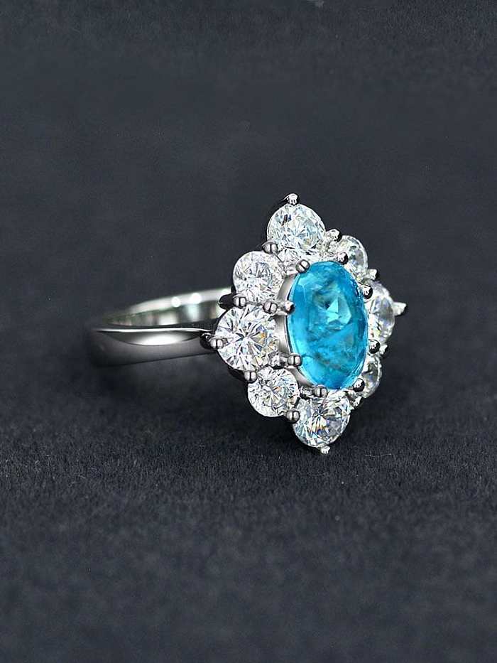 925 Sterling Silver High Carbon Diamond Blue Flower Dainty Band Ring