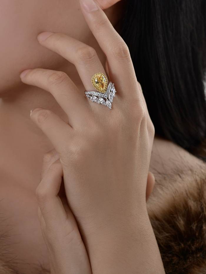 Bague de luxe couronne jaune diamant à haute teneur en carbone en argent sterling 925