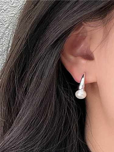 Boucle d'oreille minimaliste géométrique en argent sterling 925 avec perle d'imitation