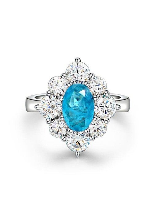 925 Sterling Silver High Carbon Diamond Blue Flower Dainty Band Ring