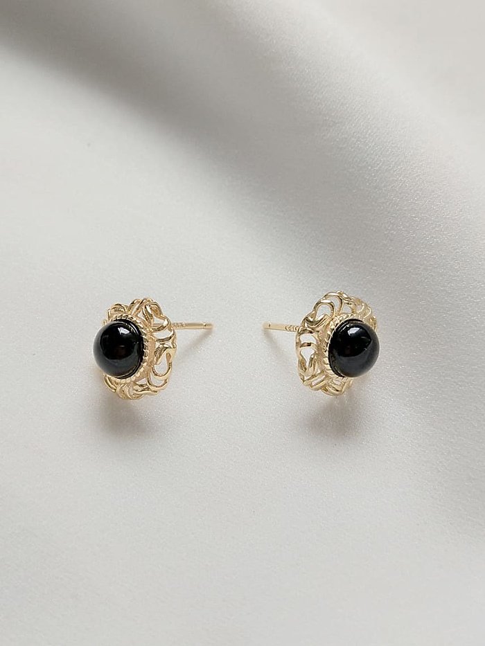 925 Sterling Silver Carnelian Black Round Vintage Stud Earring