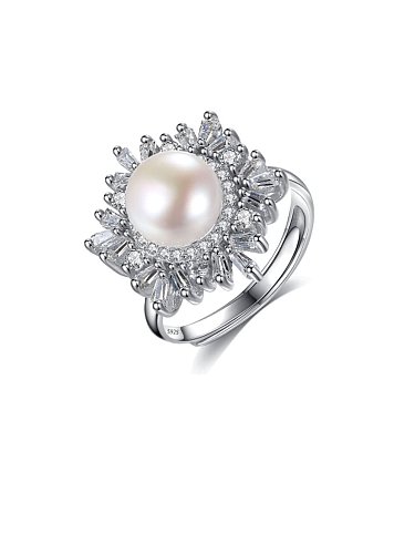 925 Sterling Silver Freshwater Pearl Flower Trend Band Ring
