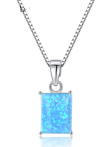 925 Sterling Silver Blue Opal simple Square Pendant Necklace
