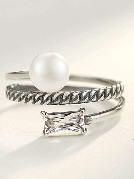 925 Sterling Silver Freshwater Pearl White Geometric Vintage Stackable Ring