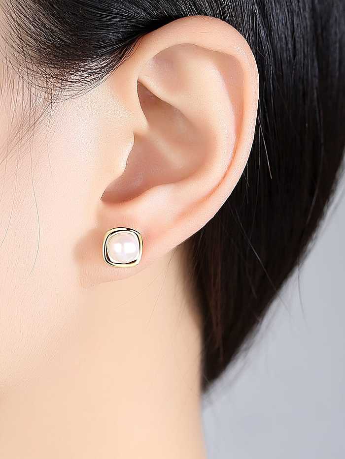 925 Sterling Silver Freshwater Pearl White Square Minimalist Stud Earring