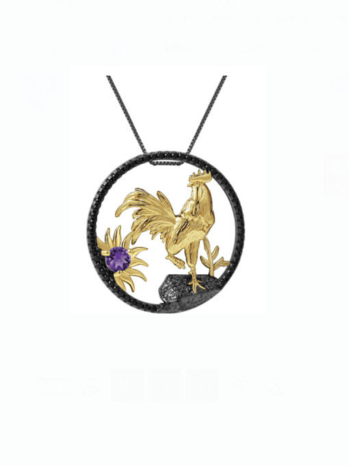 Collier pendentif poulet zodiaque vintage en argent sterling 925 avec pierre naturelle