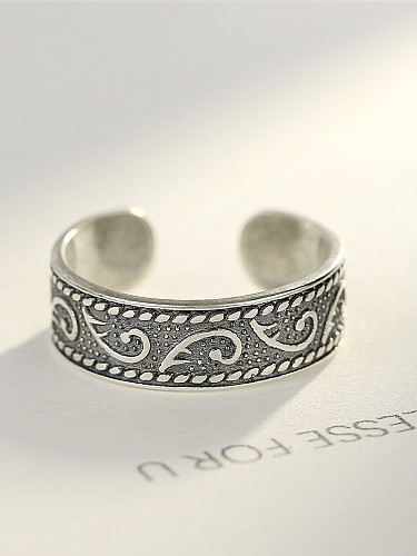Sterling silver retro thai silver carved flower opening ring