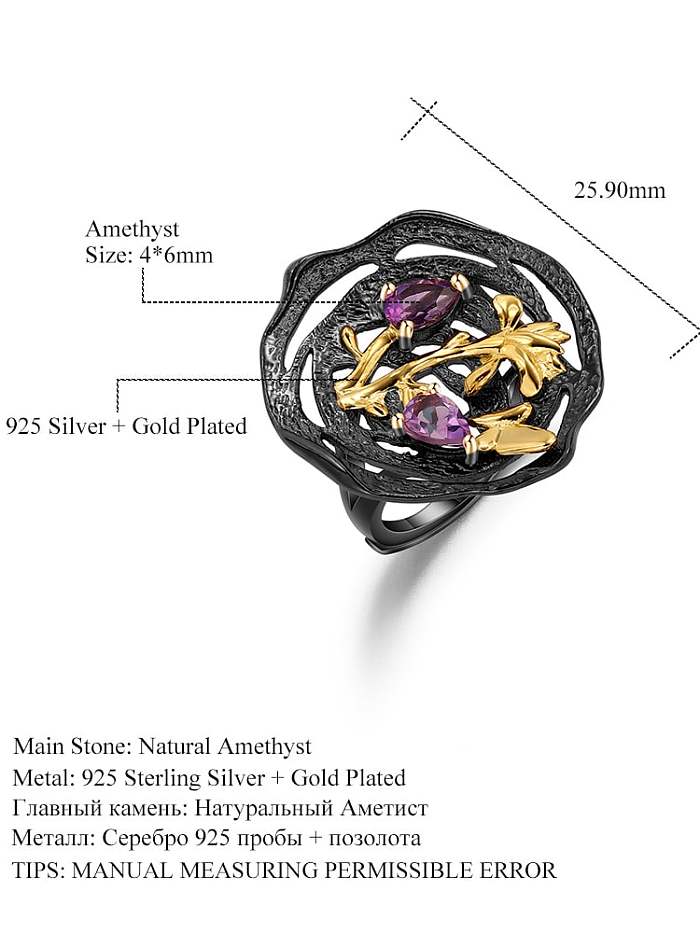 925 Sterling Silver Amethyst Flower Artisan Band Ring