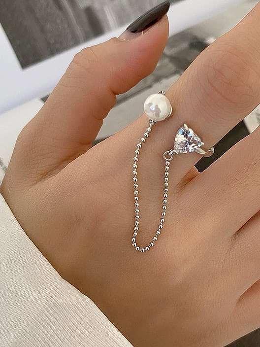 925 Sterling Silver Bead Chain Heart Cubic Zirconia Vintage Ring