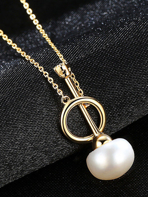 Pure silver 8-8.5mm natural freshwater pearl gold necklace
